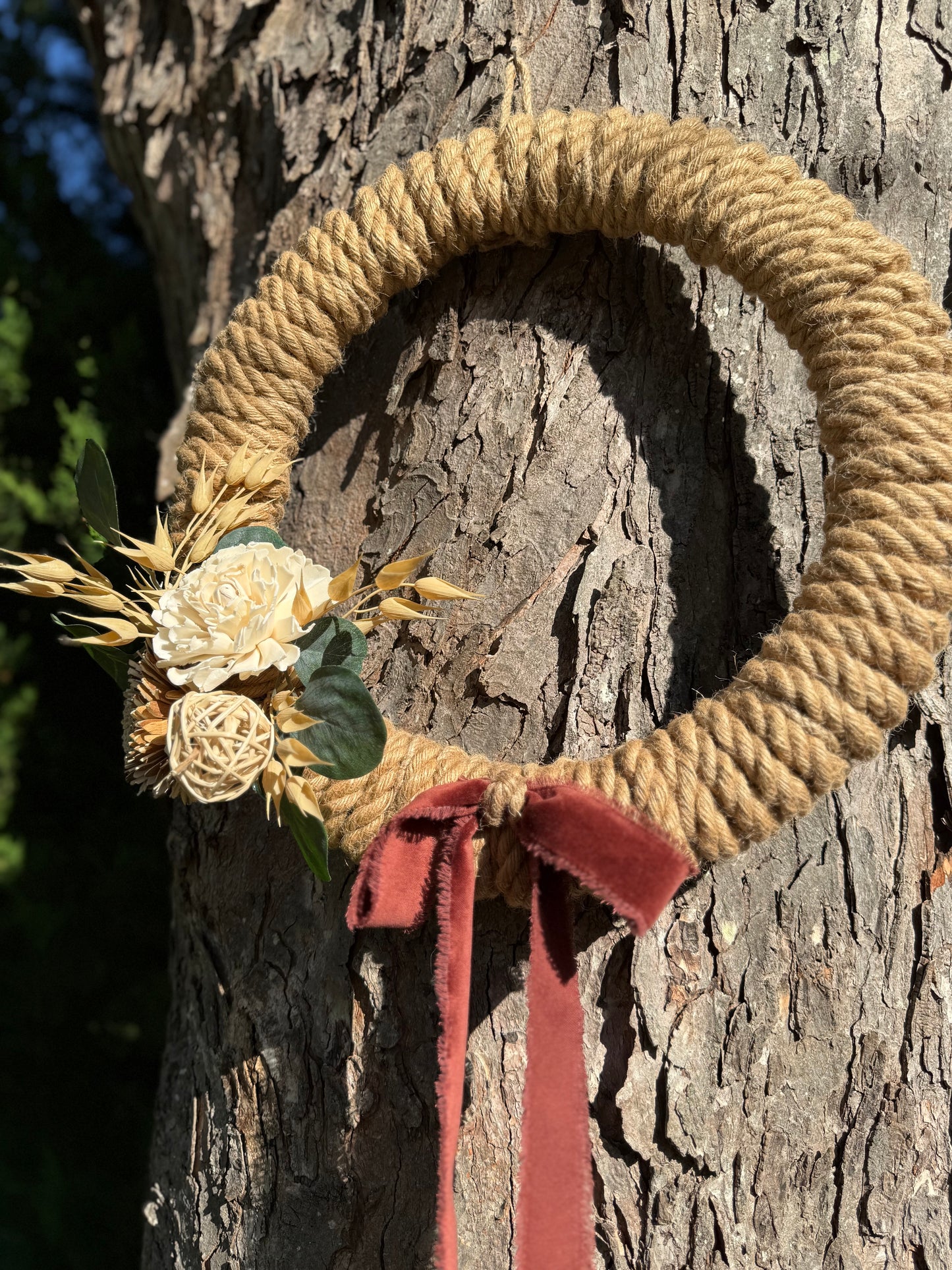 16” Fall rope wreath W/ grapevine pumpkin