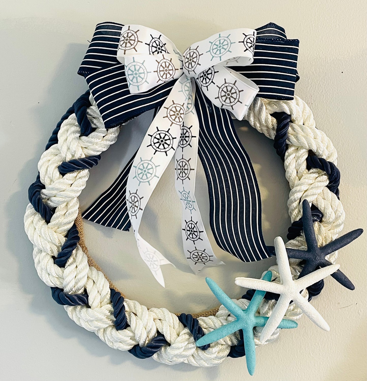 15” Navy Blue and white Braided Boat Rope w/ 3 Starfish and Nautical Bow