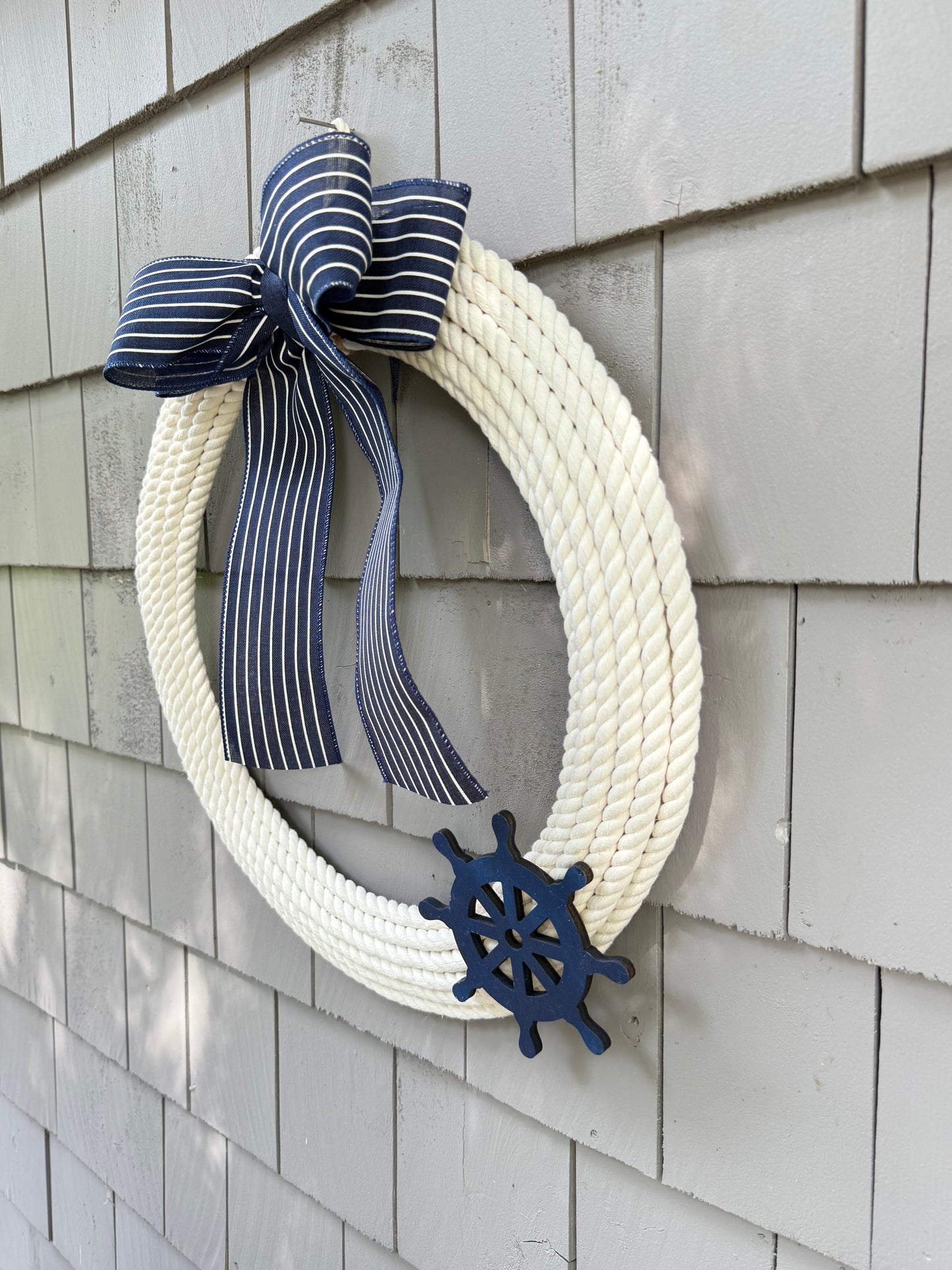 18” White Cotton Rope Wreath w/ blue ship wheel accent