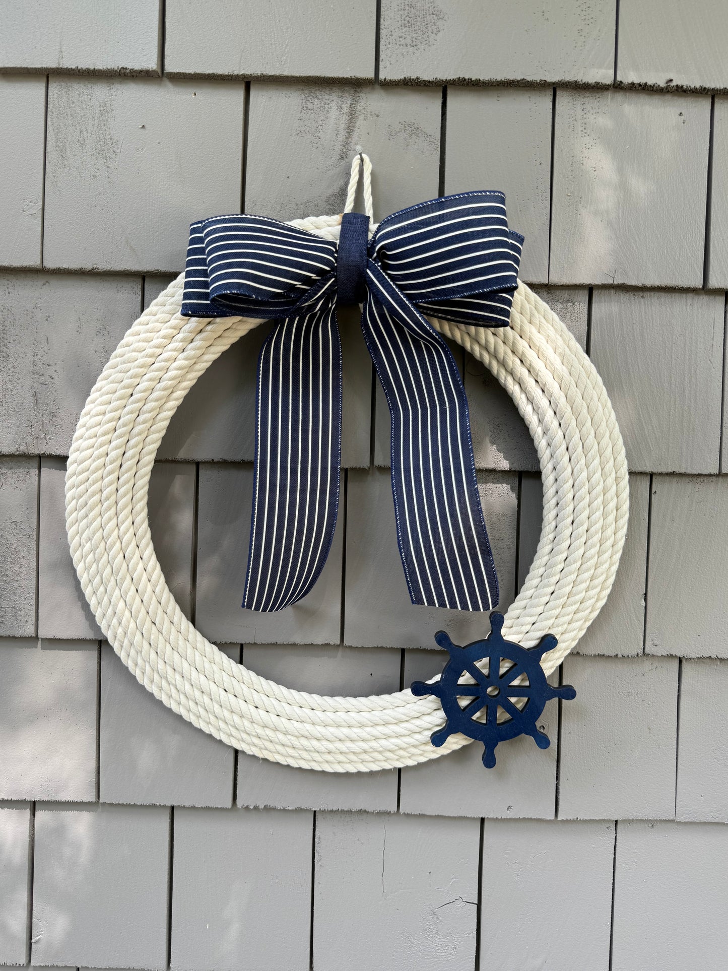 18” White Cotton Rope Wreath w/ blue ship wheel accent