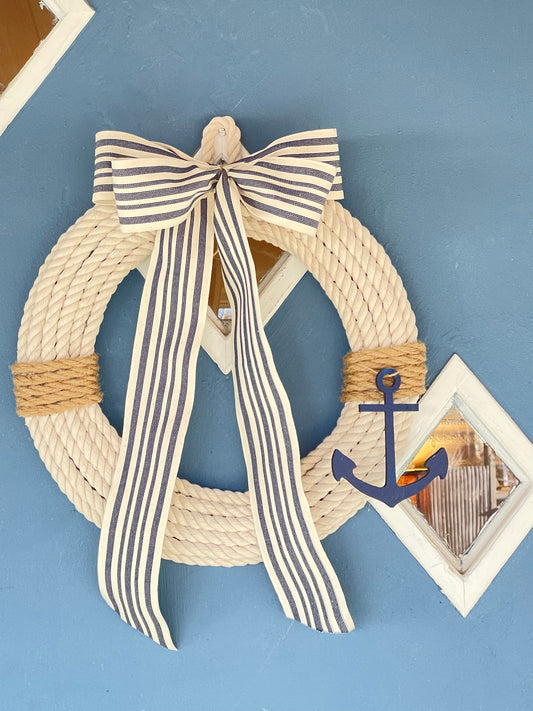 15” Rope Wreath w/Anchor and Striped Bow