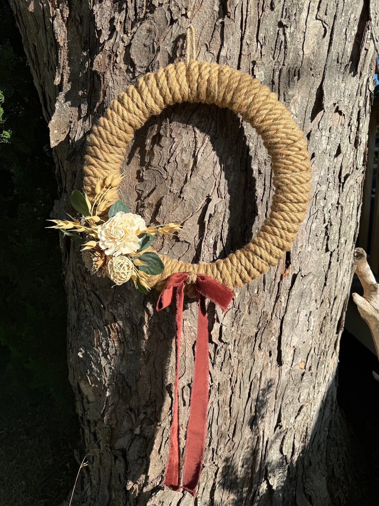 16” Fall rope wreath W/ grapevine pumpkin