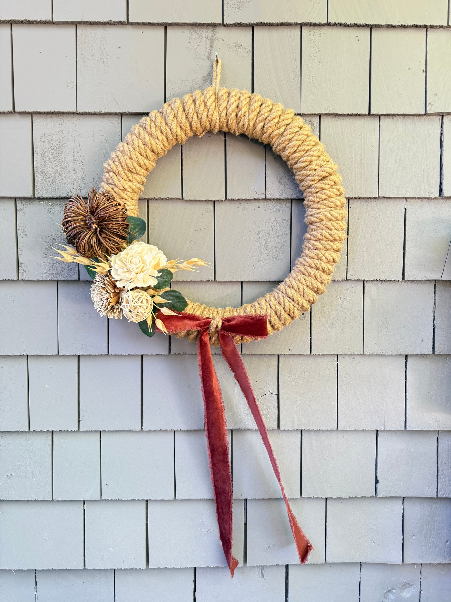 16” Fall rope wreath W/ grapevine pumpkin