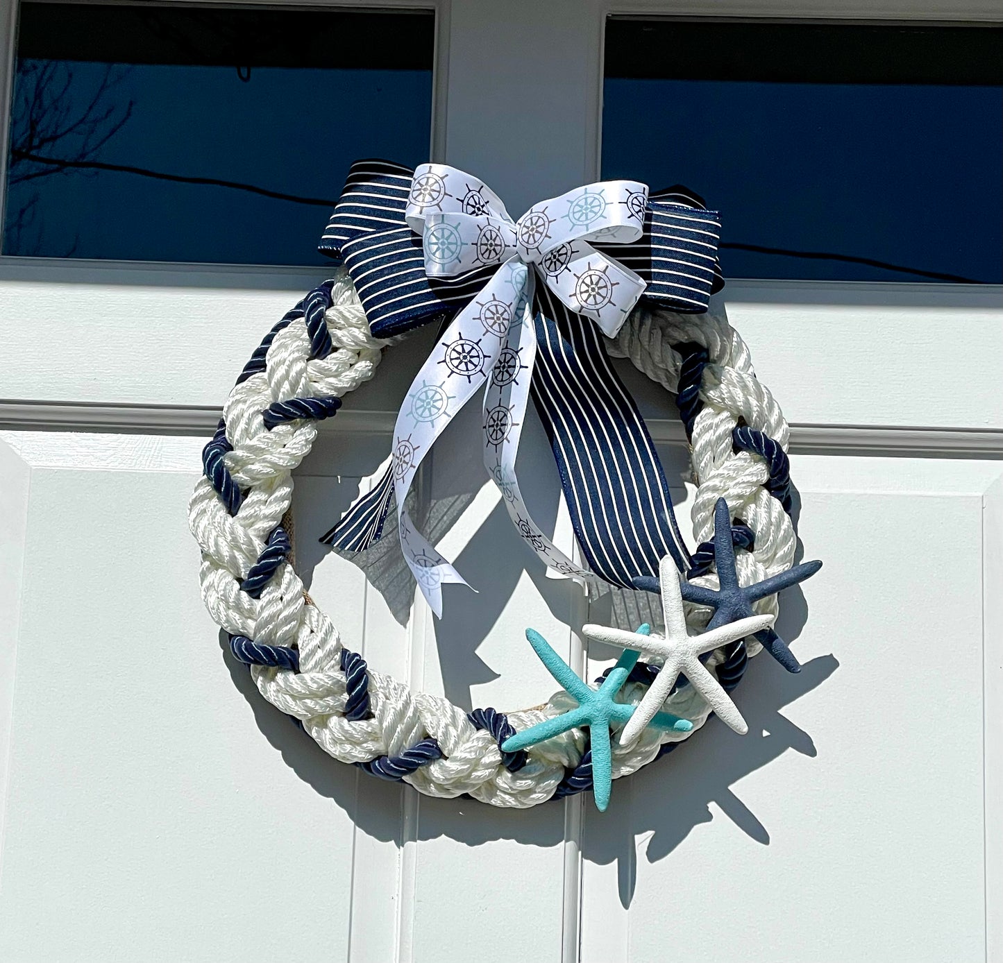 15” Navy Blue and white Braided Boat Rope w/ 3 Starfish and Nautical Bow