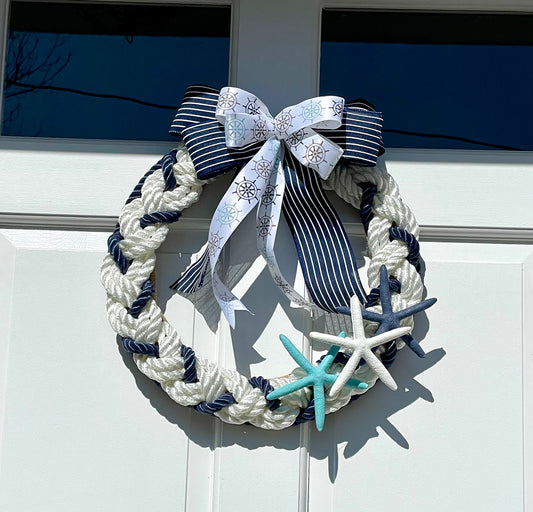 15” Navy Blue and white Braided Boat Rope w/ 3 Starfish and Nautical Bow