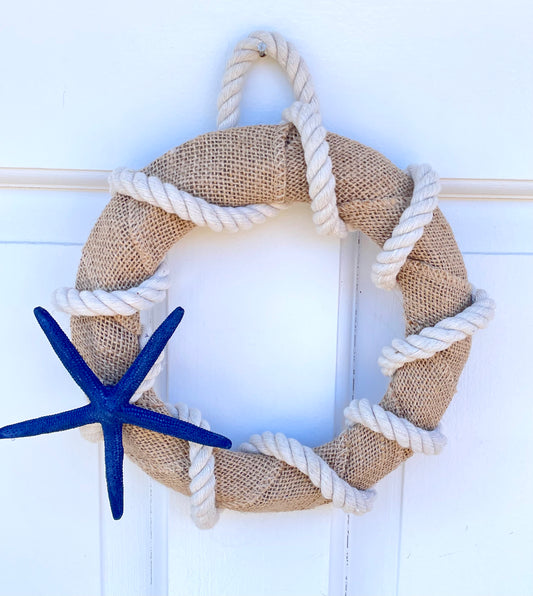 8” Burlap and Rope Wreath w/ Blue Starfish