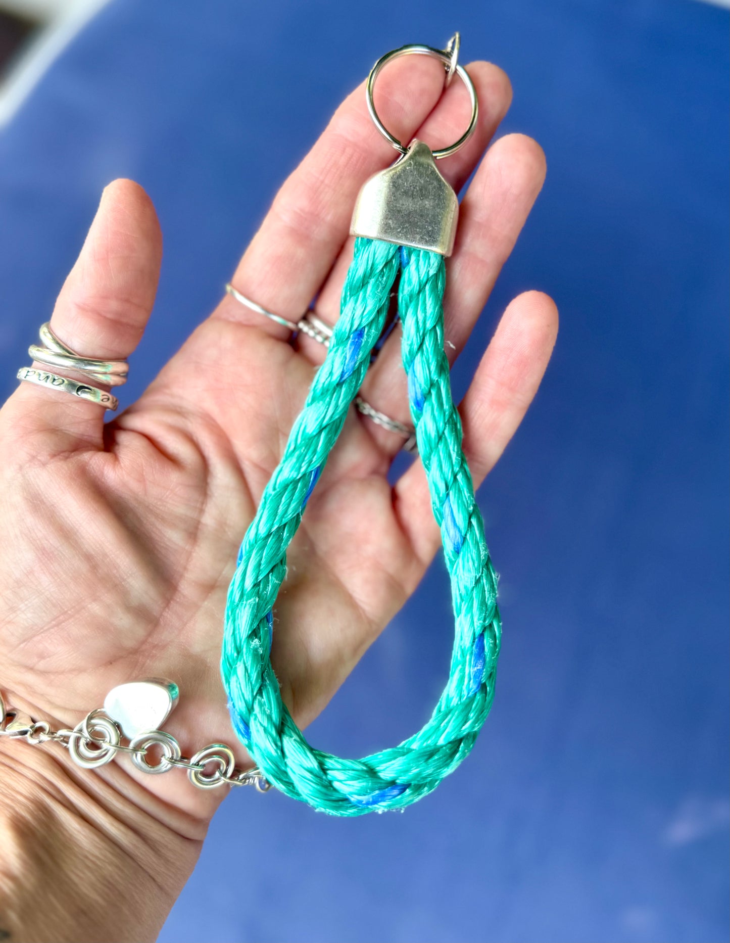 Aquamarine Lobster Rope Keychain with Silver Anchor Finding
