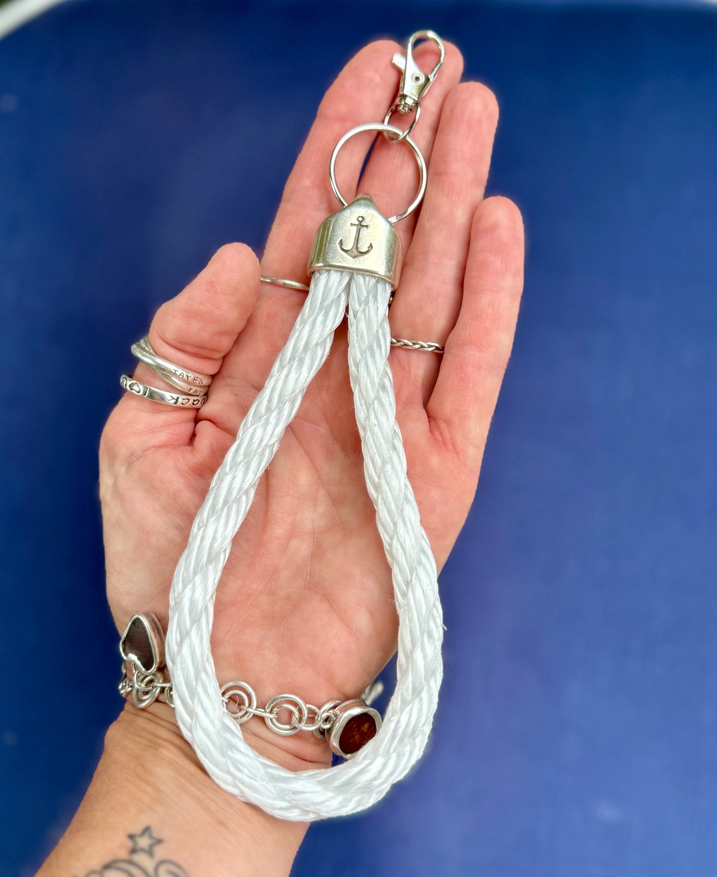 White Lobster Rope Keychain with Silver Anchor Finding